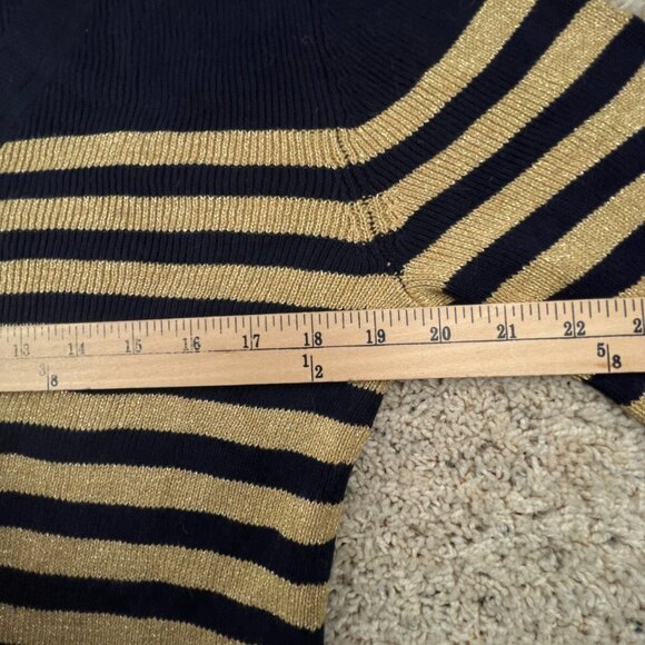 Lauren Ralph Lauren Women’s Sweater Large Navy Blue Gold Striped Shiny Pullover - Picture 5 of 12